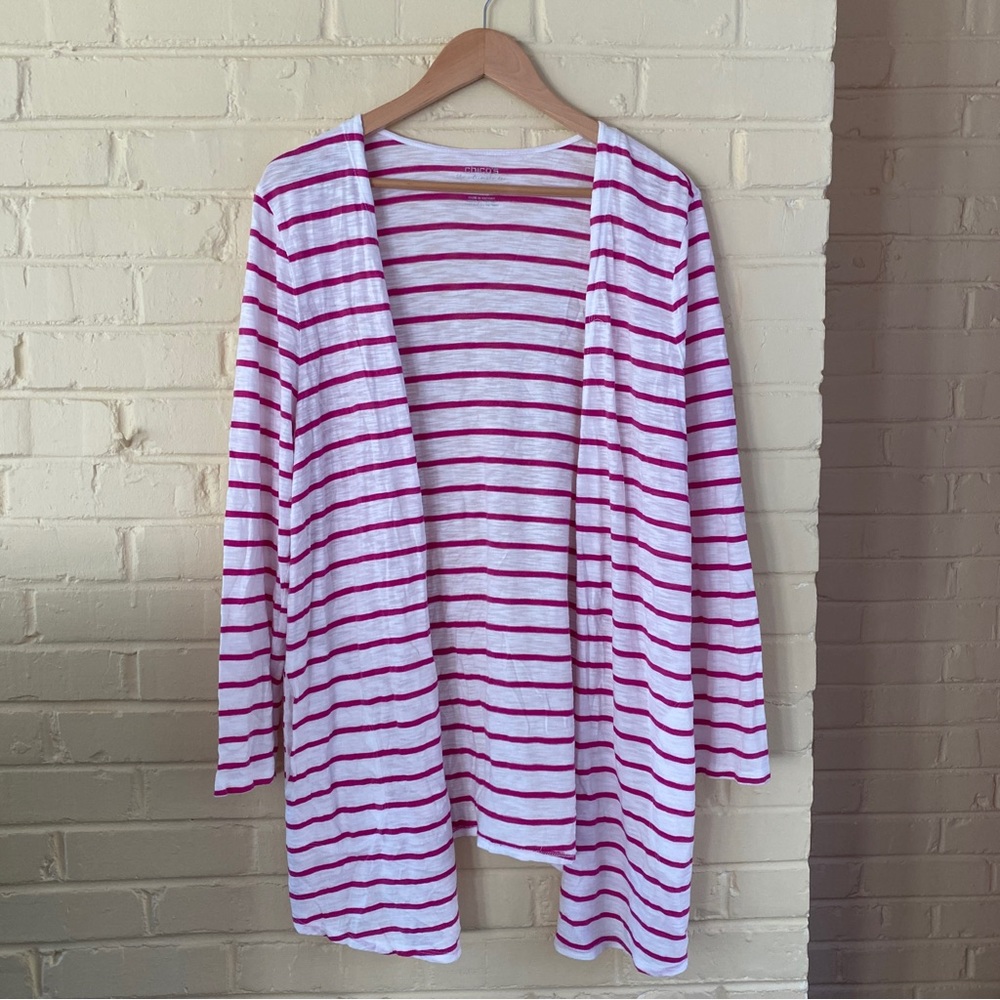 Chicos The Ultimate Tee Size 2 White/Pink Striped Cardigan Sweater Open Front